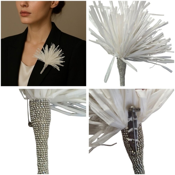 Women's Brooch Aster Flower Voluminous Design Made of White Ribbons with Shimmer - Picture 10 of 10